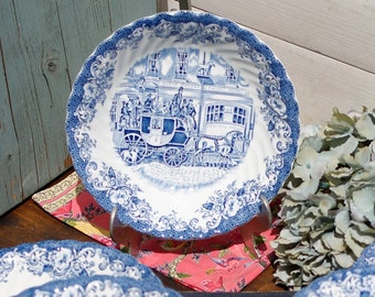 1960s ~ English Vintage IRONSTONE Bowl ~ "Coaching Scenes" Pattern in Blue ~ Made by Johnson Bros ~ Fine China Made in England