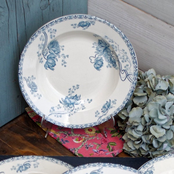 Early 1900s ~ French Antique TRANSFERWARE Hollow Dinner Plate/Soup Bowl ~ Made by SARREGUEMINES U&Cie in 'Royat' Motif ~ Blue Earthware