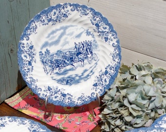 1960s ~ English Vintage IRONSTONE Salad Plate ~ "Coaching Scenes" Pattern in Blue ~ Made by Johnson Bros ~ Fine China Made in England