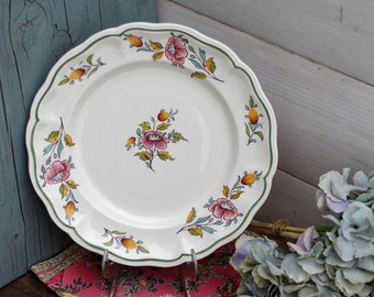 1930s ~ French Vintage Earthenware Handpainted Floral Dinner Plate  ~ Made by K&G (Keller et Guérin) Luneville ~ Porcelain Ironstone