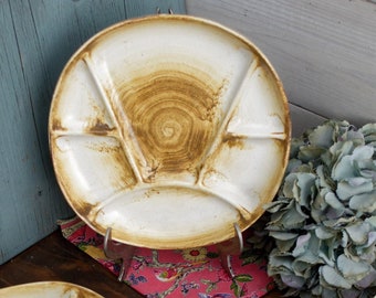 1970s ~ French Vintage Glazed STONEWARE Fondue Plate ~ LONGCHAMP ~ Enameled Ceramic Earthenware Divider Plate
