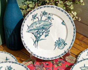 1900s ~ French Vintage Antique Blue TRANSFERWARE Dinner Plate  ~ FT (Fenal Theophile) Badonviller ~ Terre de fer ~ Ironstone