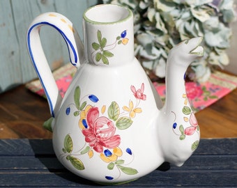 French Vintage Hand Painted Ceramic Porcelain Floral Pitcher ~ Jug ~ Cruche ~  Faiencerie du MATET ~ Stoneware ~ Signed by Artist