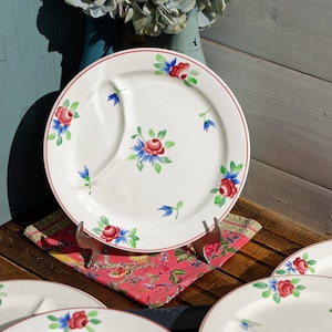 Peut inclure: Ensemble de six assiettes divisées en céramique blanche avec un motif floral rouge, bleu et vert. Chaque assiette comporte trois sections.
