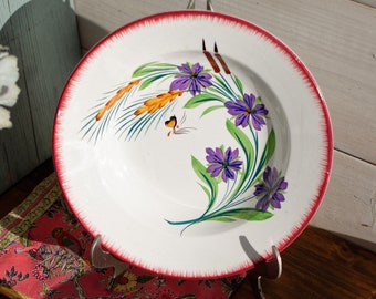 May include: A white ceramic soup bowl with a red rim and a floral design featuring purple flowers, green leaves, and a yellow butterfly. The bowl is on a red and white floral patterned fabric.