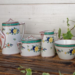 Fine porcelaine française ~ Alfred Hache & Cie (A F Cie 1845 à 1934) ~ Service miniature café/thé quatre pièces ~ Porcelaine de luxe peinte à la main