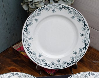May include: Three white ceramic plates with a green and black floral border design.
