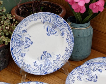 May include: Set of four blue and white ceramic plates with a floral design. The plates have a white center and a blue rim with a floral pattern.