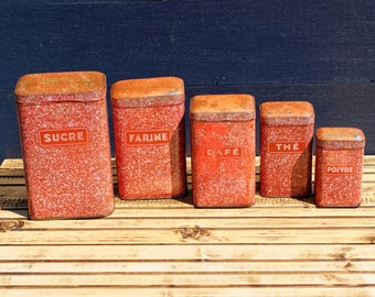 1920s ~ French Vintage Kitchen Canisters ~ Set of 5 RED Stackable Aluminum French Tins ~ Nesting Canisters
