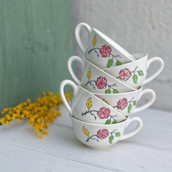 1960s ~ French Vintage Floral Porcelain EARTHWARE Tea Cups ~ Stamped "GIEN, France" ~ French Tasse ~ Set of 6