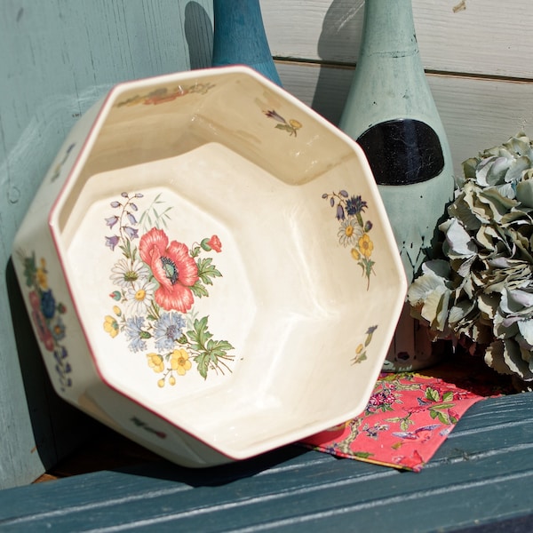 1900s ~ French/German Vintage Handpainted Ironstone Octogan Serving Bowl ~ VILLEROY & BOCH. M ~ "Fleurs des Champs" Pattern ~ 'Terre de fer'