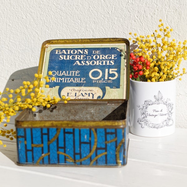 French Vintage Tin Advertising Tin Bin Box ~ Advertising Candy Box Tin  ~ Confiserie E. LAMY ~ LYONS, France ~ RESTORED