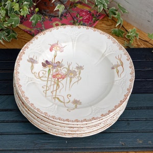 1890s ~ &quot;NIELLES&quot; LONGWY ~ French Antique Floral Ironstone Polychrome Soup Plate ~ Terre de Fer