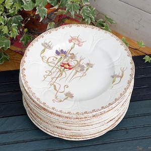 1890s ~ &quot;NIELLES&quot; LONGWY ~ French Antique Floral Ironstone Polychrome Dinner Plate ~ Terre de Fer