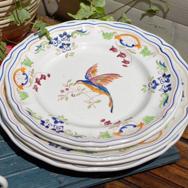 Late 1800s/Early 1900s ~ French Antique Hand Painted Plate ~ Cup ~ Moustiers ~ Cléry~  LONGCHAMP ~ Bird Plate Faience Terre de fer