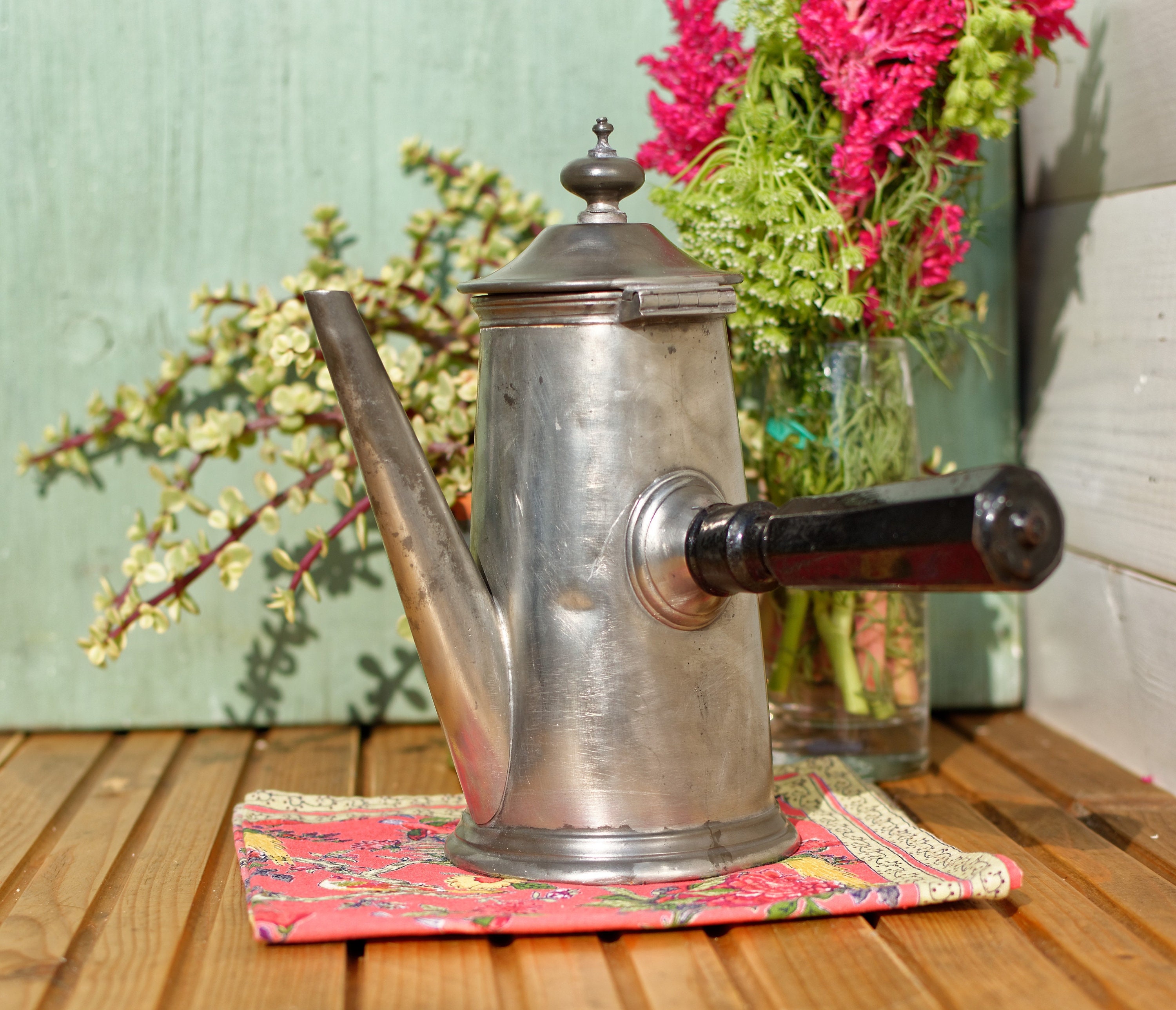 Années 1920 ~ Français Antique Silver Chocolatière Hot Chocolate Pot Stovetop Water Poignée Latérale