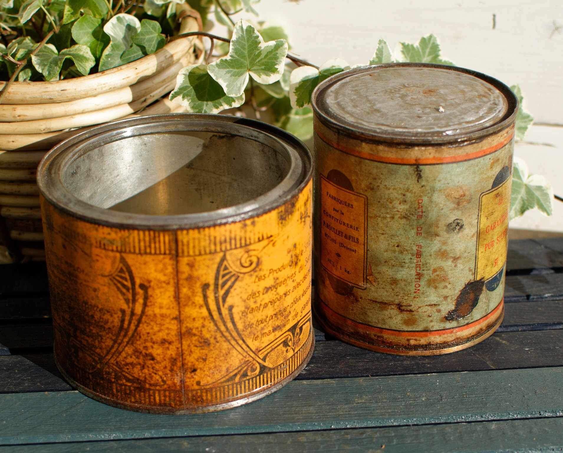フランス アンティーク tin can 木蓋 キャニスター 6個セット ティン缶