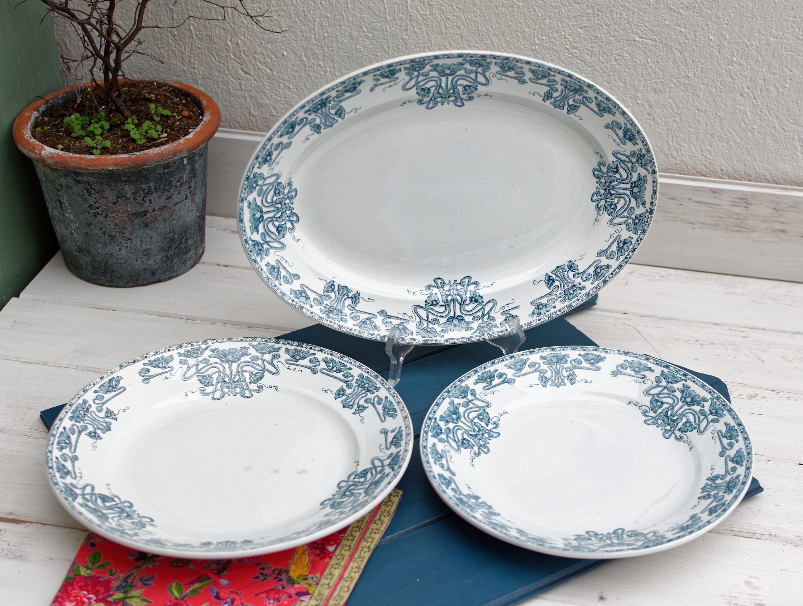 Fin Des Années 1800 ~ Français Antique Transferware Grande Assiette de Service Fabriqué Par Gien en 