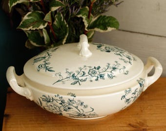 1890s ~ "TUNIS" SALINS ~ French Antique Ironstone Blue Transferware Soup Tureen "Soupiere" ~ Terre de fer en Faience
