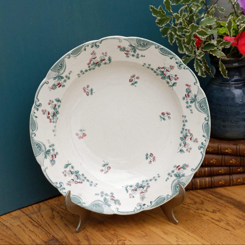 1890s ~ "VINCENNES" LONGWY ~ French Antique Floral Ironstone Polychrome Plate ~ Terre de Fer