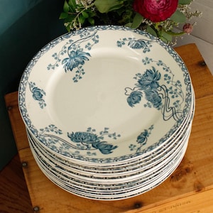 Può includere: Una pila di piatti in ceramica bianca con un motivo floreale blu. I piatti hanno un bordo smerlato con un bordo blu e un motivo floreale centrale. I piatti sono impilati su una superficie di legno.