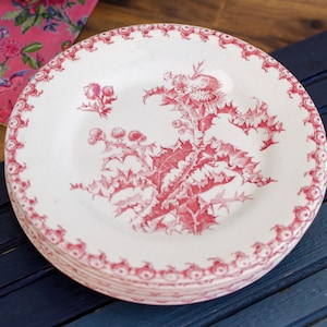 Late 1880s ~ French Vintage Antique Red TRANSFERWARE Ironstone Plate ~ Made by GIEN &quot;Chardons&quot; Pattern ~ Earthware Terre de Fer