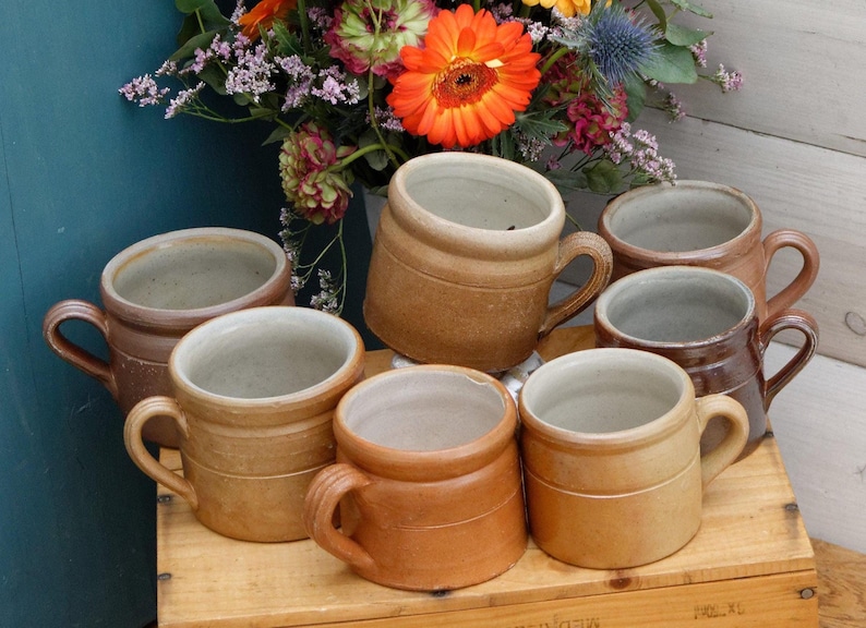 French Vintage Stoneware Clay Mug ~ Potterie en GRES Fait Maison Made in France ~ Glazed Sandstone Stoneware ~ Handmade Rustic Farmhouse Dec