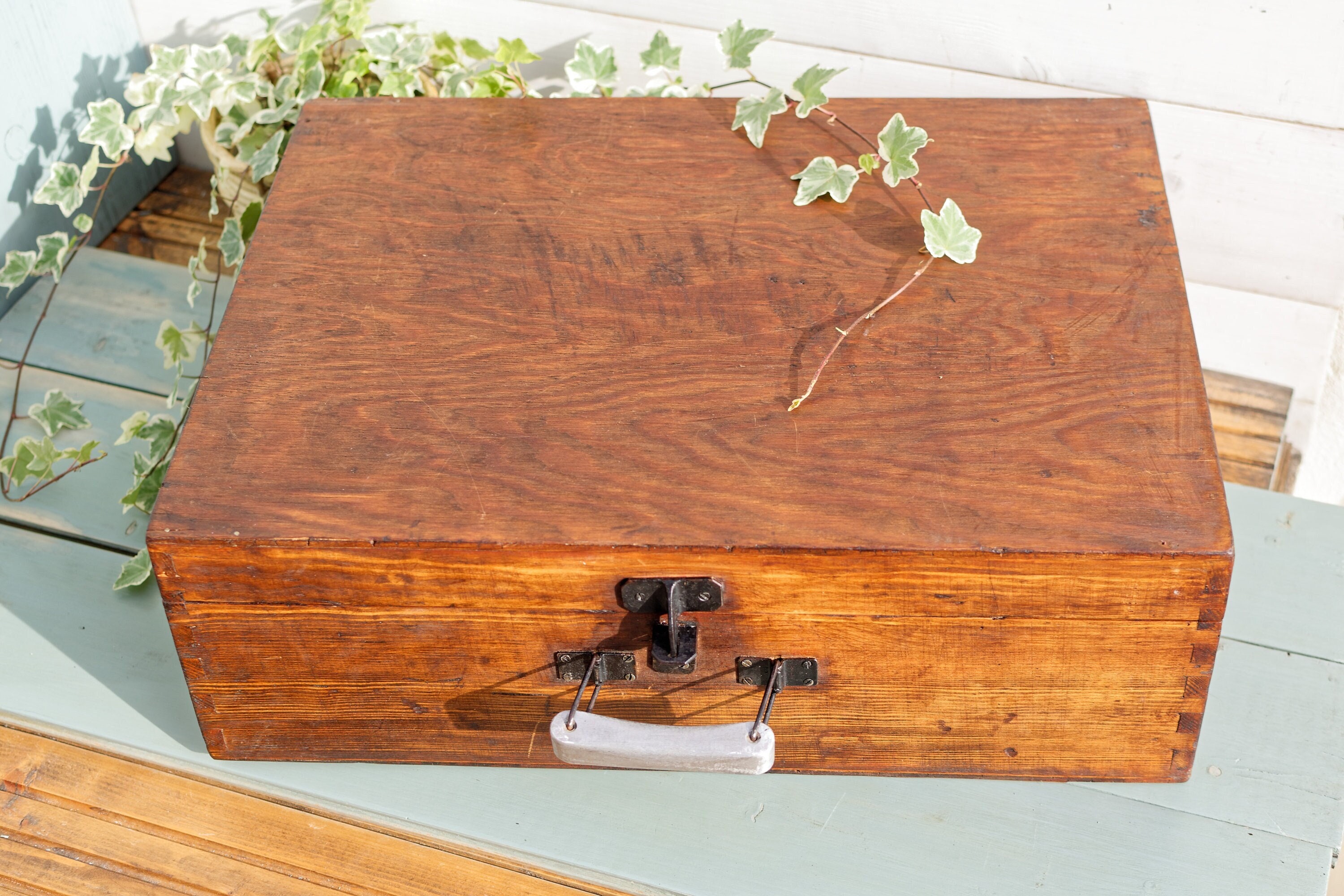 Années 1900 ~ Français Valise de Voyage Vintage en Bois Bagage Antique avec Poignée Argent