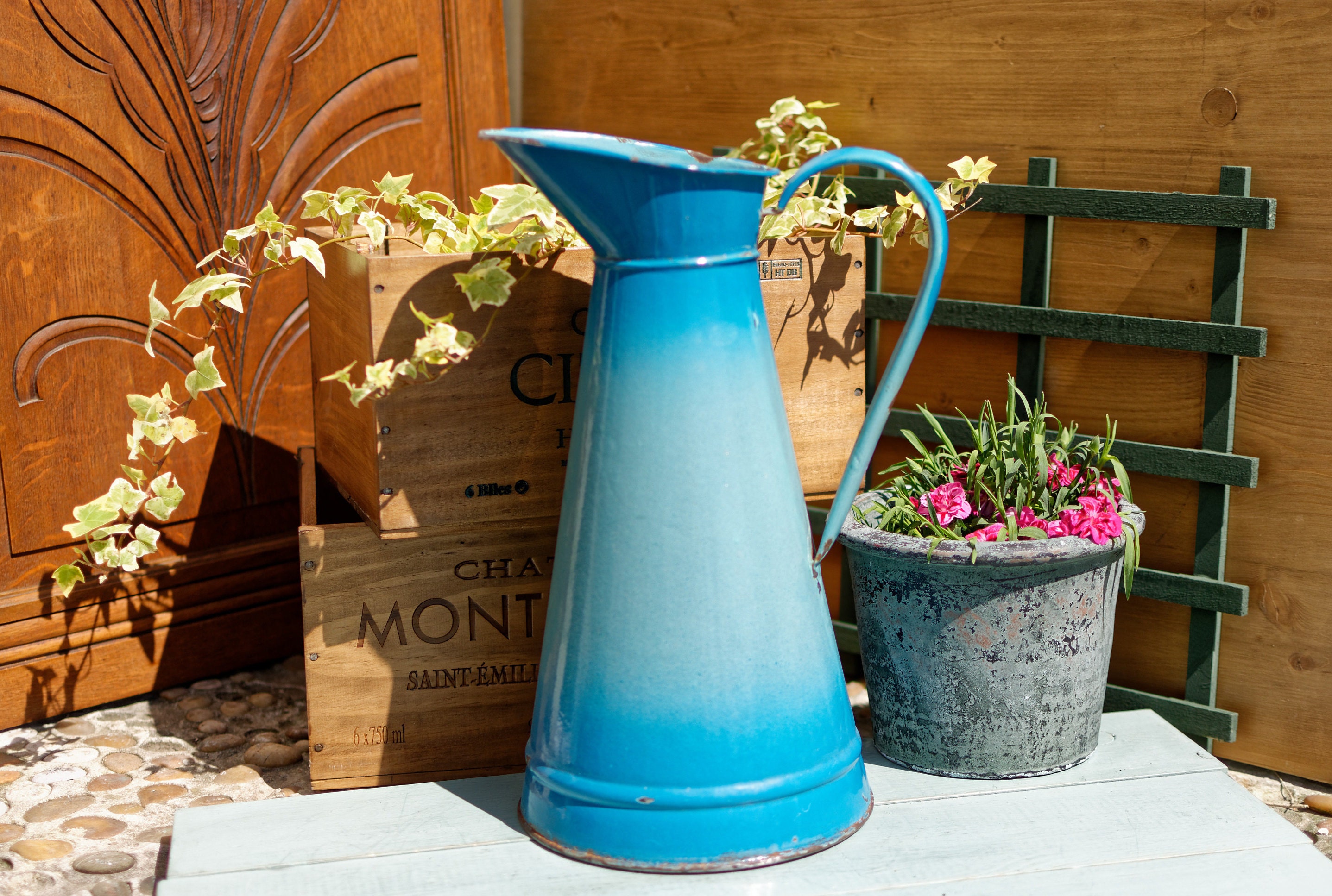 Français Enamelware Salle de Bain Pichet d'eau Broc~ Émail Jug ~ Vase Antique Collectible Corps 2 Mo