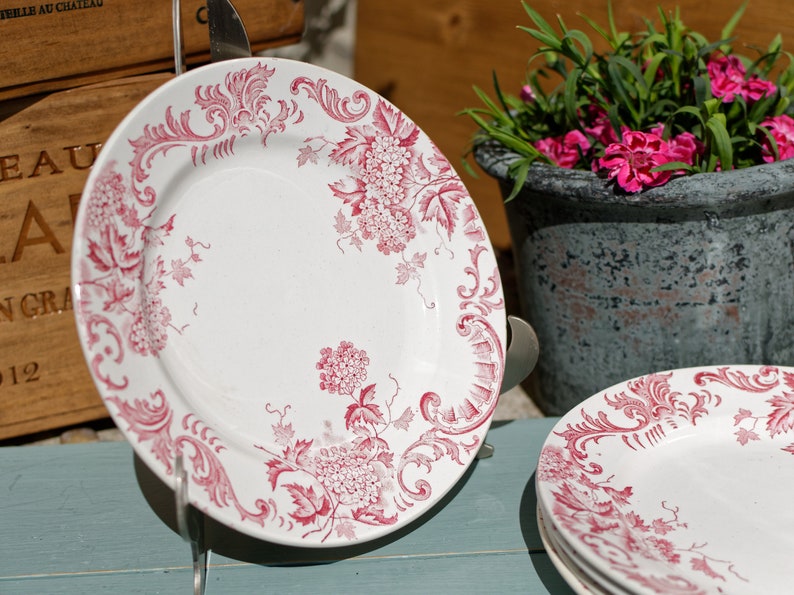 1900s French Antique Transferware Plates Saint Amand Et Hamage Nord Boule De Neige Pattern Terre De Fer Earthware Ironstone