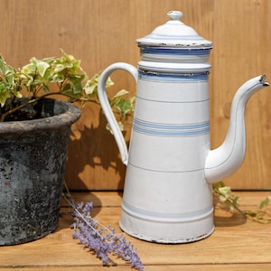 French ENAMELWARE &quot;Cafetière&quot; ~ French Vintage Coffee Pot ~ Collectible Enamel White and Blue Striped Coffee Pot with Filter