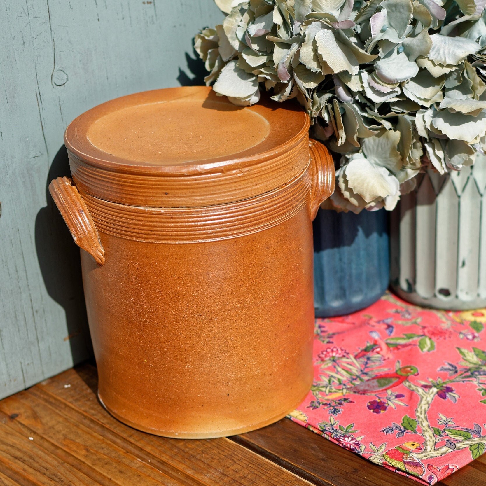 Années 1920 ~ Français Grès Antique Pot de Saloir Brun avec Couvercle Émaillé Sel Poignées et ~