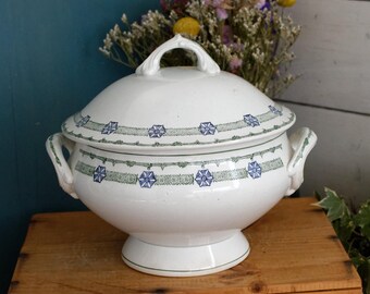1900s ~ ST AMAND Ste Des Gds Establissement Ceramiques 6009 ~ French Antique Ironstone Green Blue Transferware Soup Tureen "Soupiere" ~ Art