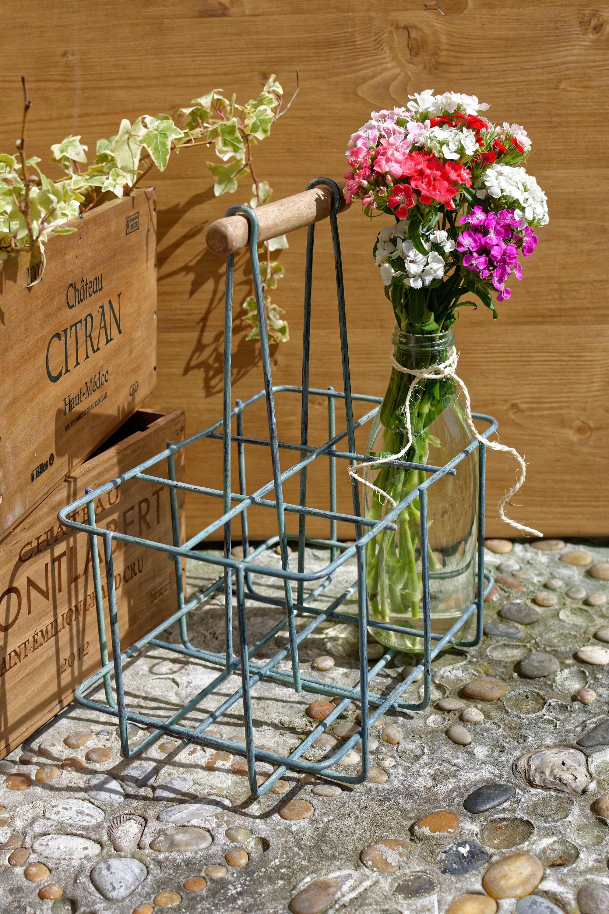 Années 1900 ~ Français Vintage Antique Metal Bottle Carrier Support de Bouteille Vert avec Poignée e