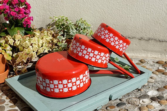 Français Enamelware Ustensiles de Cuisine ~ Casseroles en Émail Vintage Pots Cassorole - Ensemble 3 