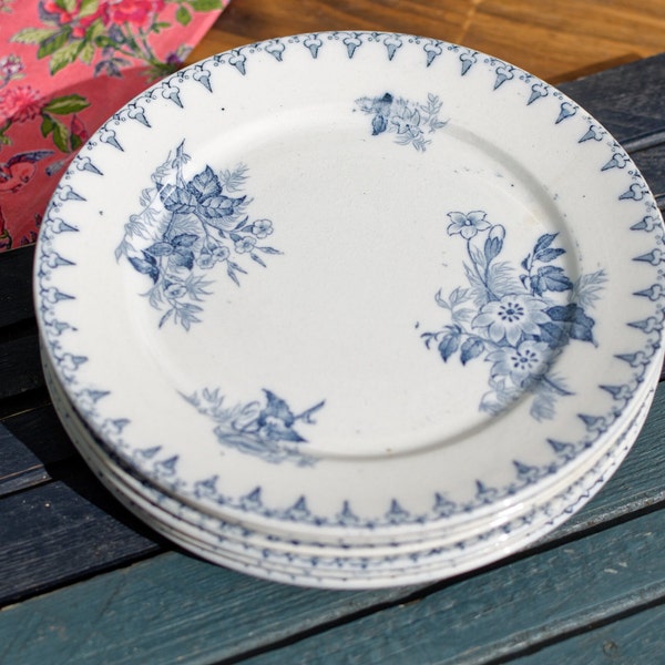 Late 1800s/Early 1900s French Antique TRANSFERWARE Dessert Plate ~ Made by Sarreguemines U & Cie in 'Flore' Motif ~ Earthware
