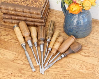 Jaren 1900 ~ antieke houten schroevendraaier met handvat ~ Vintage kruiskop platte rand ~ boerenhandgereedschap