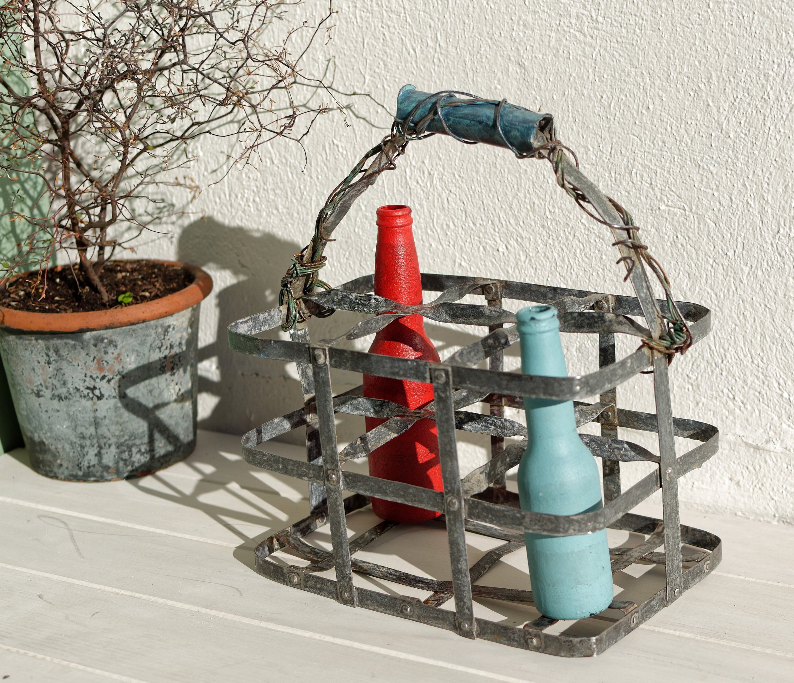 antique bottle rack 「HAND」 1900s ~ French Vintage Antique Galvanized Zinc Bottle Carrier