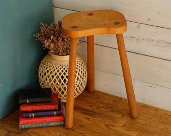 French Vintage Handmade Wooden Tabouret ~ Decorative 3 Legged Tripod Farmhouse Milk Stool - Vintage Wooden Stool - Rustic Home Decor