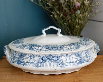1900s ~ LAMBALLE Motif ~ St Amand et Hamage Nord ~ French Antique Ironstone Blue Transferware Soup Tureen "Soupiere" ~ Terre de Fer Faience