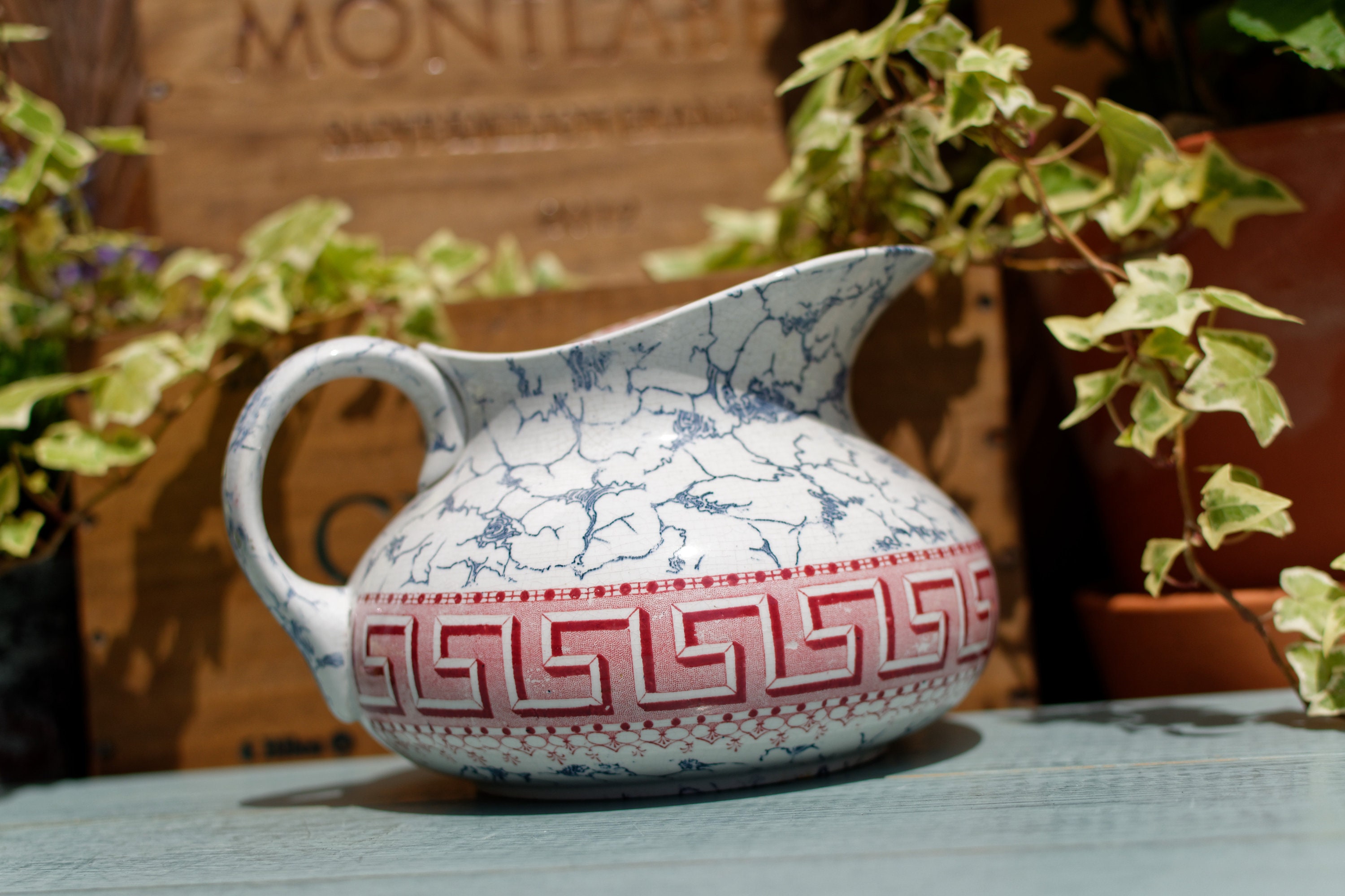 Années 1900 ~ Français Antique Earthware Water Pitcher Broc de Toillette' Fabriqué Par Sarreguimines