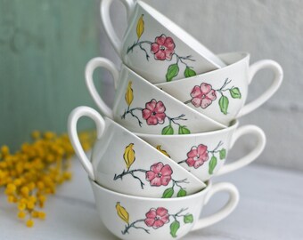 1960s ~ GIEN France ~ French Vintage Floral Porcelain Tea Cups ~ French Tasse ~Terre de Fer en Faience