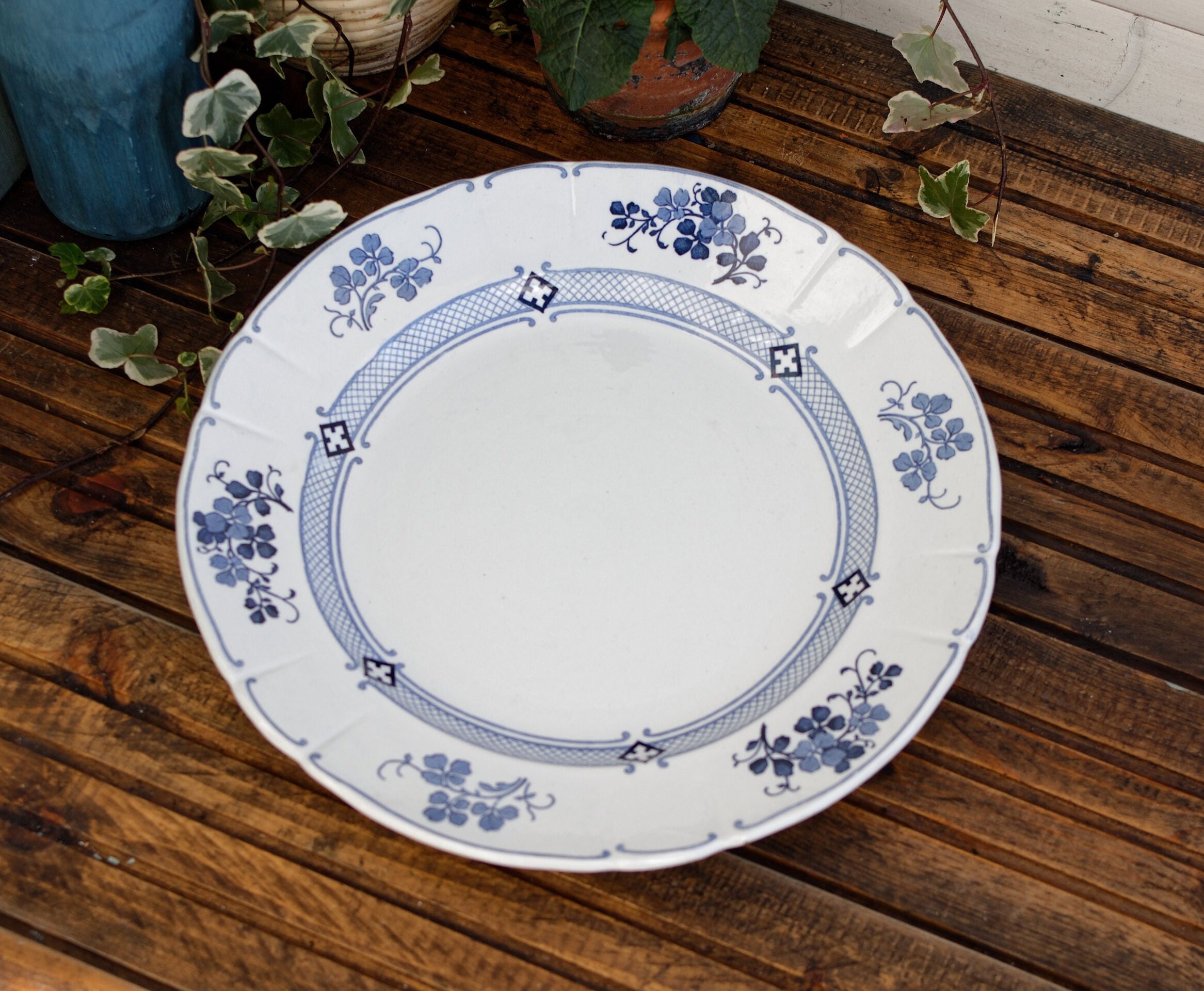 1800S Blue & White Ironstone ~ Français Antique Transferware Assiette de Service Ronde Kg | Keller e