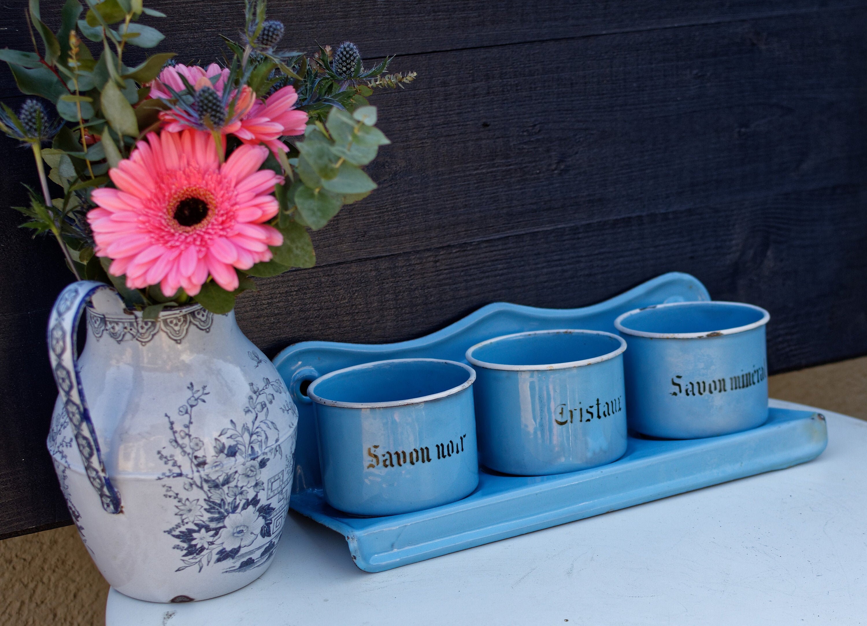 Années 1930 ~ Français Antique Émail Laundry Soap Rack Vintage Enamelware Caddy Blue Enamel Hanging 