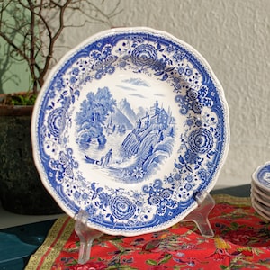 1950s ~ German PORCELAIN Hollow Plate Soup Bowl ~ VILLEROY & BOCH in &quot;Burgenland&quot; Motif ~ Blue Earthware ~ Transferware~ Ironstone