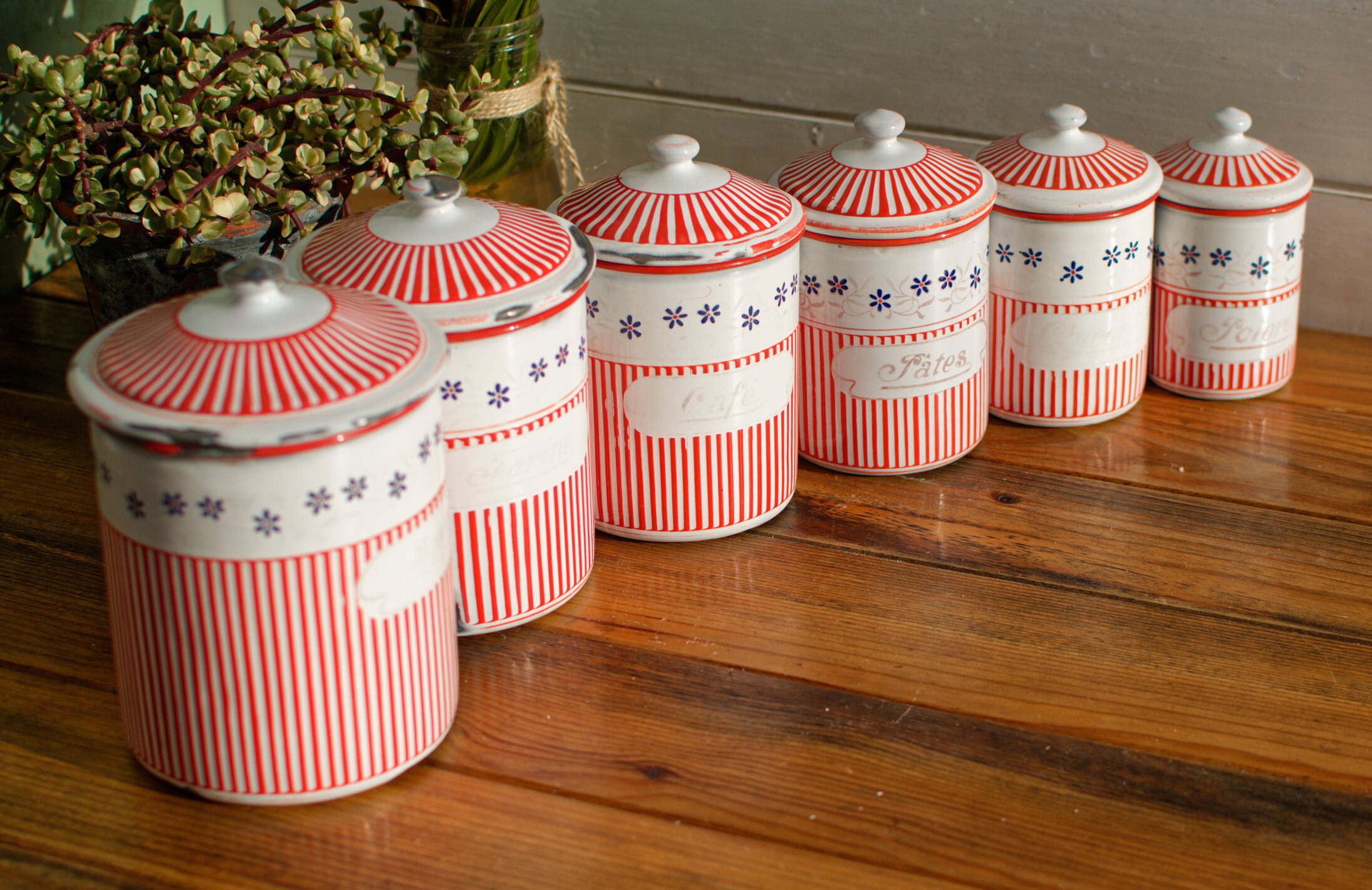 Années 1920 ~ Français Bidons de Cuisine Enamelware Ensemble Complet de 6 Pots d'imbrication Empilab