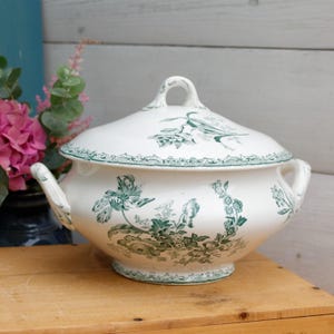 1920S ~ Fontanges U&C Sarreguemines Digoin ~ French Antique Ironstone Green Transferware Soup Tureen &quot;Soupiere&quot; ~ Terre De Fer Faience