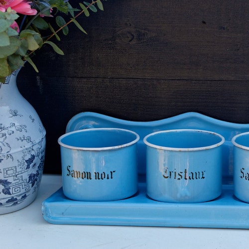 1930s ~ French Antique Enamel Laundry Soap Rack shops ~ Vintage Enamelware Laundry Caddy ~ Blue Enamel Hanging Soap Rack