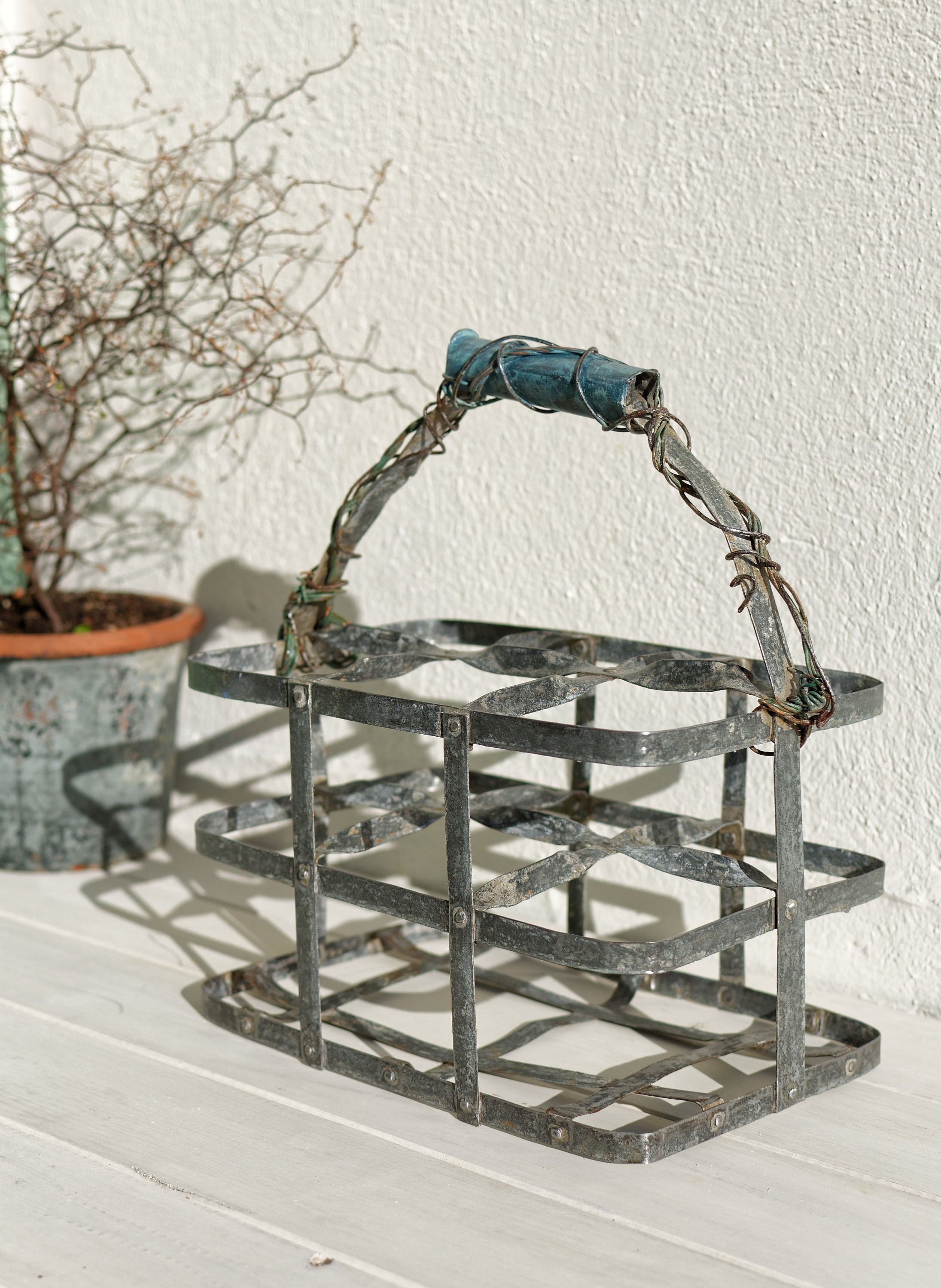 Années 1900 ~ Français Vintage Antique Galvanized Zinc Bottle Carrier Rustic Holder/Caddy 6 Fentes d