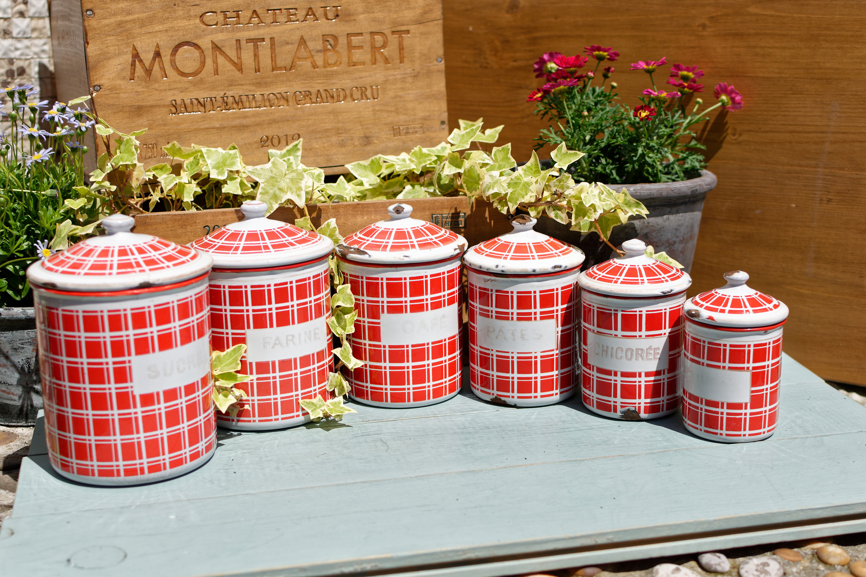 Années 1920 ~ Français Bidons de Cuisine Enamelware Ensemble Complet de 6 Pots Gigognes Empilables B